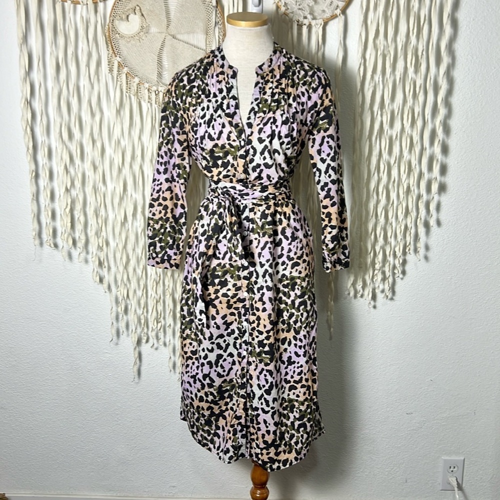 Veronica Beard Odette Cover Up Belted Shirtdress in Lilac Leopard Size XS - Picture 2 of 12